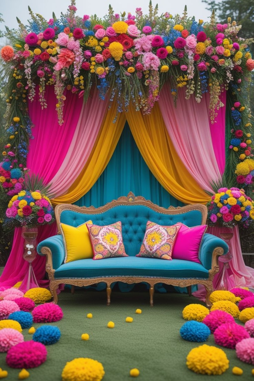 Colorful floral wedding stage with turquoise sofa
